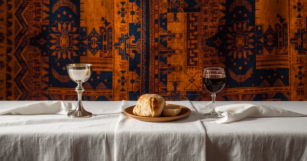 Communion table with chalice, bread, and cup