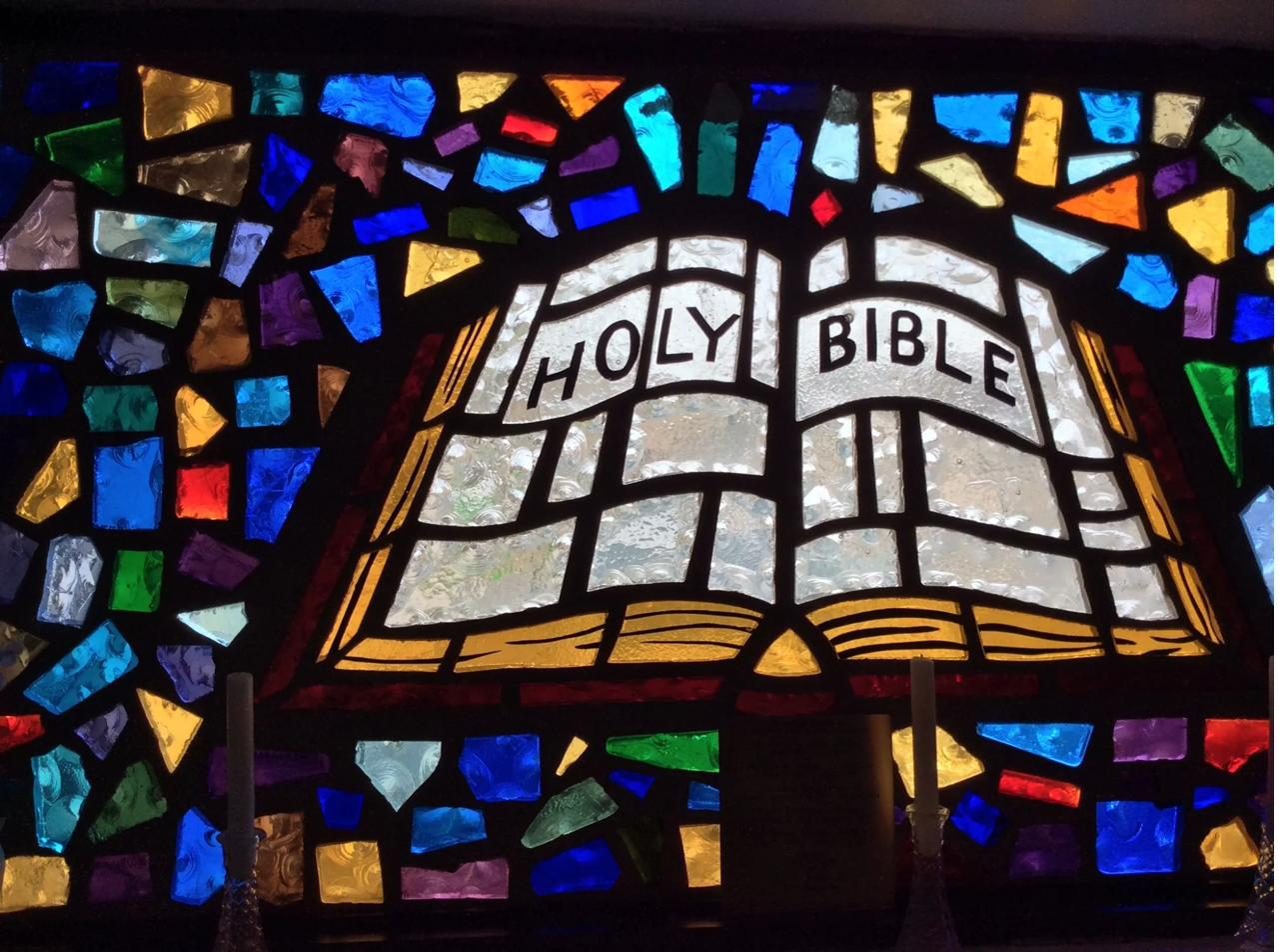 Holy Bible stained glass window at Miller Chapel